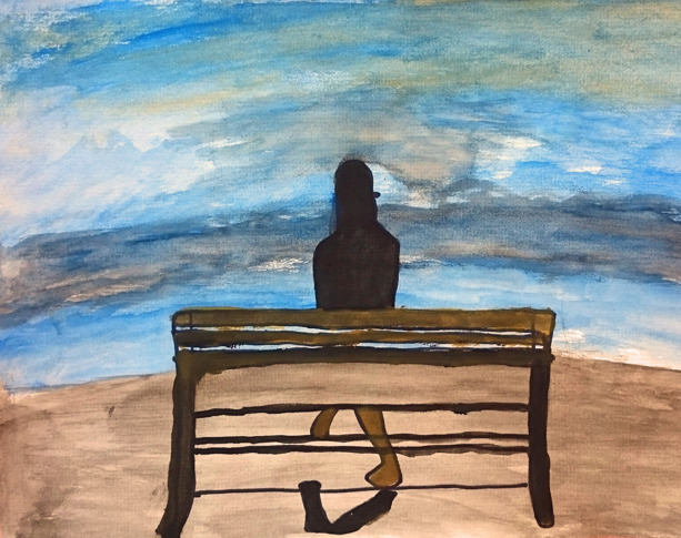 Foto av vattenfärgsmålning föreställande en människa som sitter på en bänk och blickar ut över vatten eller himmel. Foto av vattenfärgsmålning föreställande en människa som sitter på en bänk och blickar ut över vatten eller himmel.
