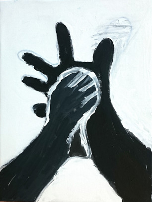 Foto på svartvit målning av en fot som trampar på en hand. Foto på svartvit målning av en fot som trampar på en hand.