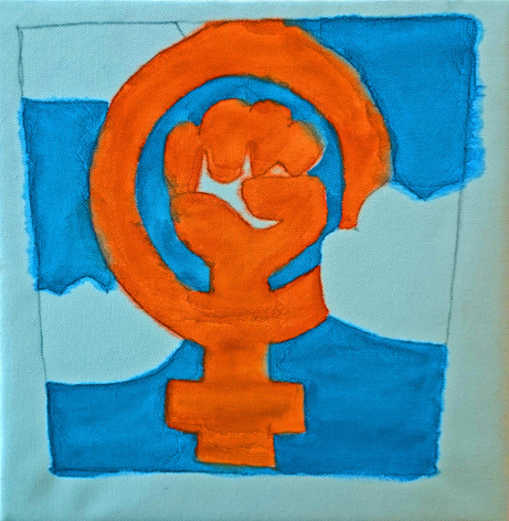 Foto på målning av orange symbol i form av en knuten hand mot bakgrund av målad himmel och moln. Foto på målning av orange symbol i form av en knuten hand mot bakgrund av målad himmel och moln.