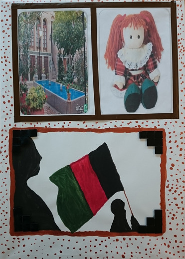 Foto av bildcollage bl.a. en docka i rött hår, en innergård med grönska och vatten och en teckning av en skuggfigur som håller i en flagga. Foto av bildcollage bl.a. en docka i rött hår, en innergård med grönska och vatten och en teckning av en skuggfigur som håller i en flagga.