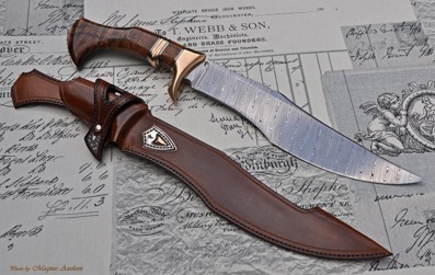 Large Damasteel Fighter - Handle in Koa burl and Bronze.