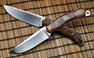 Twin Hunters - RWL34 steel with Birchburl and Oakburl scales on respective knife.