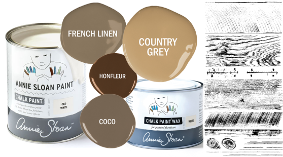 För att måla eller måla om i en lantlig rustik stil är den neutrala Chalk Paint-paletten användbar. French Linen, Country Grey, Coco och Honfleur har ljusats upp med Old White.