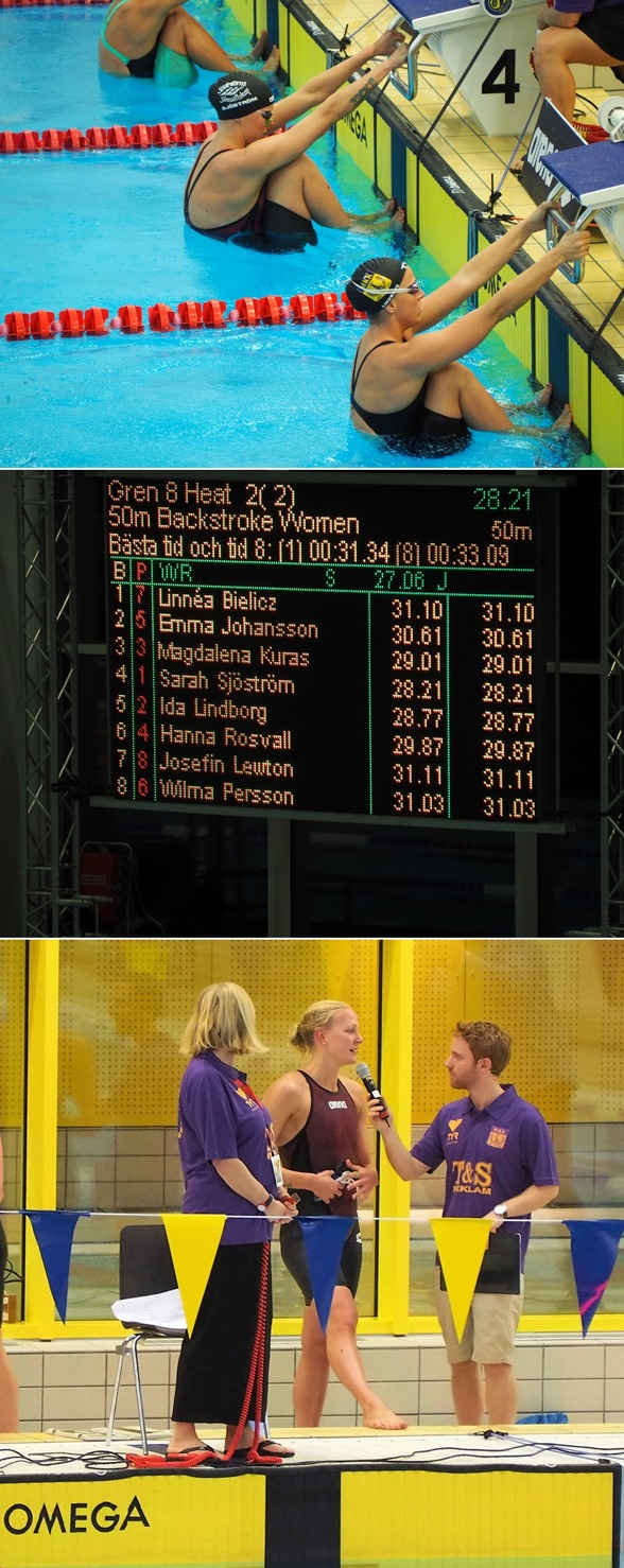 Överst: Starten 50m ryggsim med Sarah Sjöström och Ida Lindborg Mellan: Resultattavlan vittnar om resultat/rekord  Underst: Snack med Sarah efter loppet.