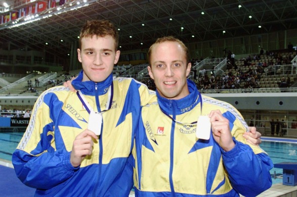 Stefan Nystrand och Lars Frölander har varit aktuella från 90-talet genom hela 00-talet och fram till dags dato, i svensk simning. Här en bild från EM i Helsingfors 2000.