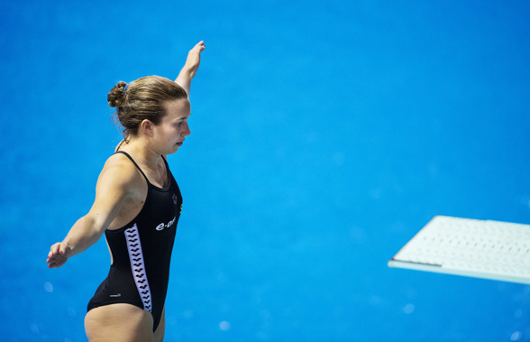 Daniella Nero under kvalet på 1m i EM 2014, i dag intar hon 3m tillsammans med landskamraten Emma Gullstrand. Foto: Joel Marklund