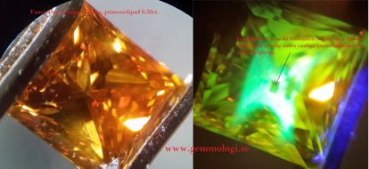 Med blotta ögat går sällan att avgöra om en diamant är av naturligt ursprung eller tillvekad på konstgjord väg. För att identifiera syntetiska diamanter så krävs först och främst kunskap men även tillgång till gemmologiska instrument som UV-lampor, polariserande filter, blå laser, spektroskop mm. För helt säker identifiering av alla diamanter är catodoluminescens t ex i form av ett Luminoscope ELM 3 eller belysning med högintensiv uv strålning någonstans mellan ca 210-180nm som med instrumentet Diamond View bästa metoderna. Med blotta ögat går sällan att avgöra om en diamant är av naturligt ursprung eller tillvekad på konstgjord väg. För att identifiera syntetiska diamanter så krävs först och främst kunskap men även tillgång till gemmologiska instrument som UV-lampor, polariserande filter, blå laser, spektroskop mm. För helt säker identifiering av alla diamanter är catodoluminescens t ex i form av ett Luminoscope ELM 3 eller belysning med högintensiv uv strålning någonstans mellan ca 210-180nm som med instrumentet Diamond View bästa metoderna.