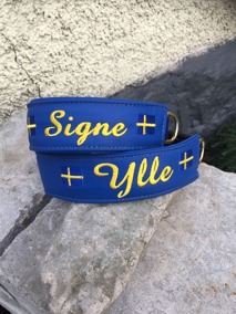 Ylle-Signe Blått skinn, gul text, Halsbandets bredd 4 cm. Välj variant, storlek & symboler i meny:n