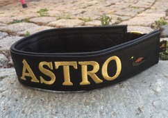 Astro- Svart skinn med guld text.  Halsbandets Bredd 5 cm. Välj variant, storlek & symboler nedan.