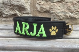 Arja-Svart skinn med limegrön text. bredd 4 cm. Välj variant, storlek & symboler i meny:n Arja-Svart skinn med limegrön text. bredd 4 cm. Välj variant, storlek & symboler i meny:n