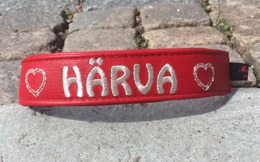 Härva-Rött med silver text. Halsbandets bredd 3 cm. Välj variant, storlek, bredd & symboler i meny;n