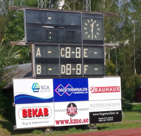 Matchur, resultattavla och sponsorskyltar i närbild. Foto: Pia Skogman, Lokalfotbollen.nu
