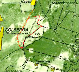 Klicka på bilden för större karta! 1960-talskartan. Gårdstorpet inritat med rött enligt karta 1829. Torpet är enda byggnad kvar från Solberga gårds ägor. Äldre väg till Solbergatorpet Hagen brunmärkt.