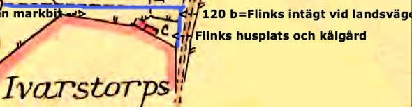 Karta 1794 visar att Flinks husplats kan ha haft två hus tätt intill varandra i gränsen till Ivarstorp -1854 rivna med nytt hus byggt i 120 b -del av Flinks intäkt. Blått=Bäckedalen Ivarstorp=Flinkebo Karta 1794 visar att Flinks husplats kan ha haft två hus tätt intill varandra i gränsen till Ivarstorp -1854 rivna med nytt hus byggt i 120 b -del av Flinks intäkt. Blått=Bäckedalen Ivarstorp=Flinkebo