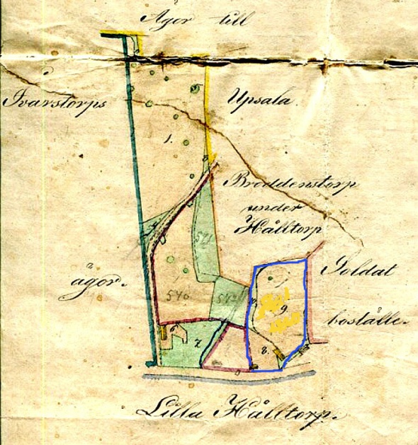 Blå gräns utgör trolig odlingsyta för Anders Flinks kontrakt med Hålltorp 1852 - med Sandtaget som boningshus och ladugård på Odallyckan. Hålltorp äger inget av marken enl. senare dom. Blå gräns utgör trolig odlingsyta för Anders Flinks kontrakt med Hålltorp 1852 - med Sandtaget som boningshus och ladugård på Odallyckan. Hålltorp äger inget av marken enl. senare dom.