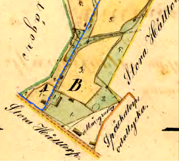 Detalj av karta 1856 med Flinkebos husplats (vid littera A.) - en ny husplacering inom samma intäkt, men mitt emot tidigare huspalcering - vid gränsen mot Späckatorps del som nu blev Flinkebacken. Detalj av karta 1856 med Flinkebos husplats (vid littera A.) - en ny husplacering inom samma intäkt, men mitt emot tidigare huspalcering - vid gränsen mot Späckatorps del som nu blev Flinkebacken.