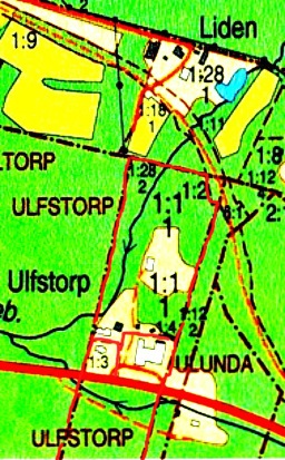 Ulfstorp har mark på båda sidor av Riksväg 49. Ulunda har kvar smal remsa. Rosenlund avfart efter gamla vägen västerut tvärs över Ulfstorpsmark. Lantmäteriet, 2013, copyright Ulfstorp har mark på båda sidor av Riksväg 49. Ulunda har kvar smal remsa. Rosenlund avfart efter gamla vägen västerut tvärs över Ulfstorpsmark. Lantmäteriet, 2013, copyright