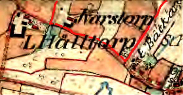 Röd markering för Ivarstorps ägor 1877. (Lantmäteriet Historiska Kartor)