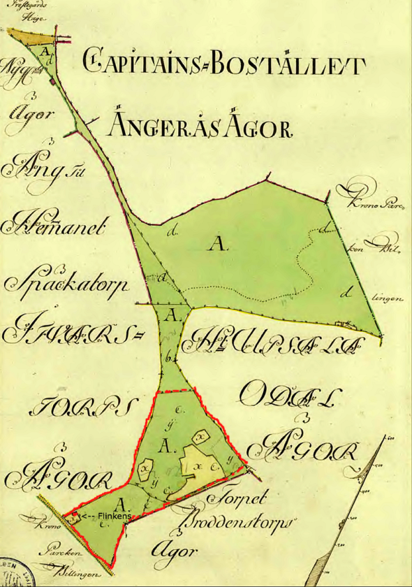 Röd markering anges i karttexten som c. "Intägt till Backestuga, Flinkens kallad". Markerna sluttade från norr och därför blev det namnet Flinkebacken i folkmun på de brukade ägorna i Kronoparken.  Röd markering anges i karttexten som c. "Intägt till Backestuga, Flinkens kallad". Markerna sluttade från norr och därför blev det namnet Flinkebacken i folkmun på de brukade ägorna i Kronoparken.
