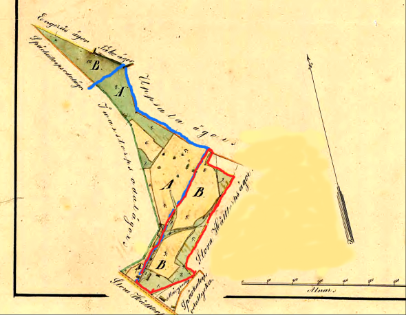 Regleringskarta år 1856. Flinkebacken markerad med rött. Blått åt väster är Flinkebo/Bäckedalen under Ivarstorp.