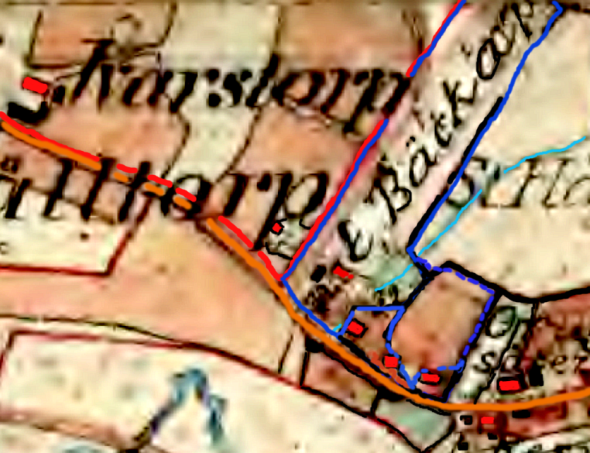 1877 års karata. Blått= Flinkebo inklusive "gamla Späckatorps Odallycka". Färgningar och ifyllnad på 1877 års karta har gjorts av Kent Friman. 1877 års karata. Blått= Flinkebo inklusive "gamla Späckatorps Odallycka". Färgningar och ifyllnad på 1877 års karta har gjorts av Kent Friman.