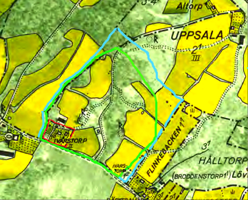 Röd markering är Ivarstorp på 1960 års karta. Ivarstorp 1:2= del av Flinkebo. Grön markering är tiden för 1794 och blå markering efter skiftet från karta 1856. Ungefärliga markeringar Kent Friman.