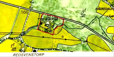 Tre Bäckars ägor inritade med rött på 1960 års karta.