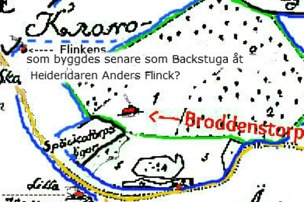 Karta 1764 med Kronparksdelen mellan Ivarstorp och Broddenstorp inklusive ägan söder Broddenstorp tillhörande Späckatorp.