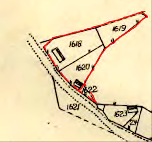 Varnhems sockenallmännings västra del Ljungstorp inritad på karta 1844 inför Laga skifte av Klosters by 1853. (Lantmäteriet Historiska Kartor)