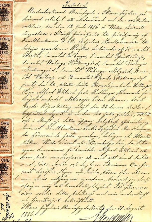Originalbrev konkursföräljningen av Backa med gårdar ur Schölers "konkursmassa". (Från Backa gårdsarkviv 2013 genom Carl Arvid Tell, Backa gård) Originalbrev konkursföräljningen av Backa med gårdar ur Schölers "konkursmassa". (Från Backa gårdsarkviv 2013 genom Carl Arvid Tell, Backa gård)