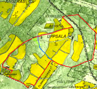 Karta 1960 visar med rött Uppsala ägor med Ivarstorp inkorporerat fr o m 1952. Blått streck avgränsar ungefärlig huvudäga före 1952.