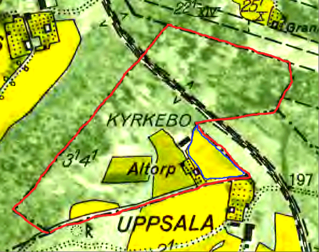 Karta 1960 med Altorps marker i rött. Blått är en tidigare särskilt inhägnad del av gamla inhägnaden  "Kyrkebo hagen" - jmfr karta längre ner på sidan!