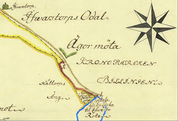 Med blått ungefärlig markering av soldatelyckan som i modern tid blir Rosenhill. "Lycka" = inhägnad brukad mark. Klicka på bilden för större karta!