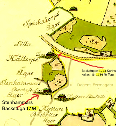 Detalj av karta 1764 med kommentarer av KF, 2013. Stenhammars "Backestuga" kallas på karta 1801 för Berglid.