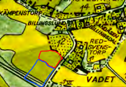 1960-års karta med Stensbros "ägor" markerade med blått. Röd markering avser Berglid.