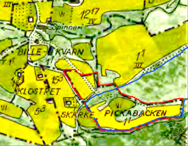 Sydväst om Redsvenstorp ligger Torpet Pickabacken - här på 1960 års karta - där Pickabacken nu ägs av Bille Kvarns ägare och saknar bebyggelse. Blått är tidigare del av mark för Pickabacken - se nedan