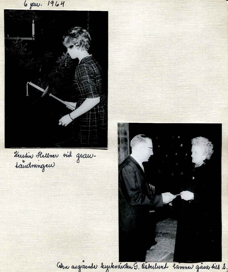 Sid 17. Nedre bild; Handlanden Gustav Österlund tackar för sig som kykrvärd genom att lämna en gåva till Söndagsskolan genom Marigt Bjukrklo. Inskrivet av Kent Friman, 2014-05-30.