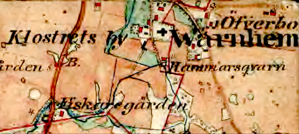 Lantmäteriet Historiska kartor 1877 Klosters och Öfverbos byar med Sörgården något sydost om kyrkan