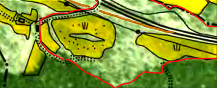 Karta 1960 med ungefärlig märkning av hemmanet Stens gränser i rött. Brunt är 1877 års vägs drag- ning rejält söder om riksväg 49 just vid Fermabron och vidare västerut. Lantmäteriet Historiska Kartor