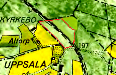 "Karta 1960 - röd linje markerar troligt läge för backstuga i terrängen för markområde vid "Gamla Granbacken" enligt muntlig tradition. Jmfr karta nedan!