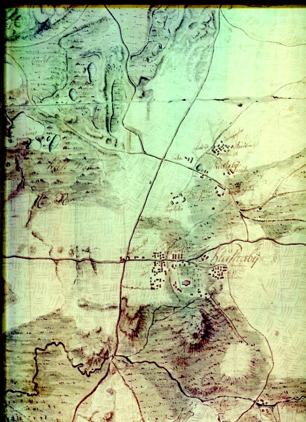 Kartan via Olof Cassmark till Carl Arvid Tell, Backa gård. Den utgör en del av en handritad karta som omfattar området från Skara till Billingen. 