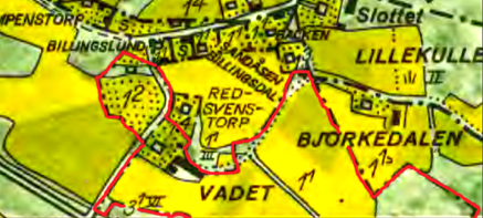 Röd markering ger del av marken för Vadet 1960 efter bl a köp av soldattorp Nr 330 1911 och senare Soldattorp Nr 331. Vadet 1:2 egentligen sålt i det här skedet och har blivit Rosenhill!