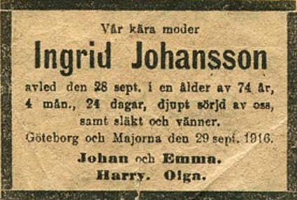 Urklipp från Irma Meyer, 92 år, Skövde - adoptivdotter till Emma Johansson, vid besök i Skövde 2014.