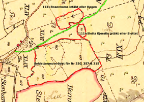 Karta 1794. Lantmäteriet Historiska Kartor. Rödmarkerad är in- hägnader som fanns innan skiftet av Billingeliderna 1803. Hem- manet Sten var enstakat (lagligen avskilt från Kronoparken)