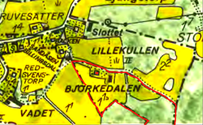 Karta 1960. Lantmäteriet Historiska Kartor. Björkedalen markerat med rött. Klicka på kartan för större bild!