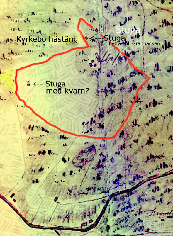 Utmärkning i rött är en förstärkt ifärgning av tydlig gräns för Upsala hemman 1801 på kartan av Kent Friman, 2013. 