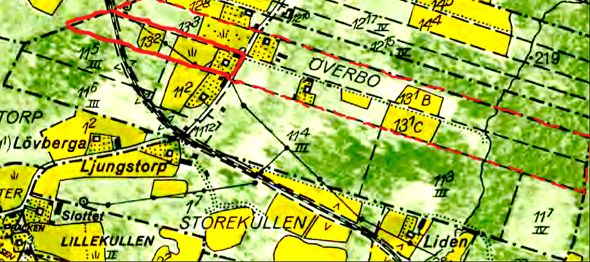 Carlsbergs förpantning utmärkt på kartan med rött före avskiljande av mark till Järnvägen och senare Skövde kommun. Streckat rött är Mellomgårdsskiftet i Billingeliderna, dvs 1/16 mantal Millomgården 