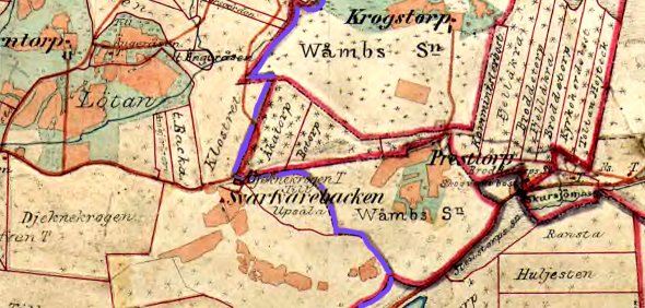 Lantmäteriet Häradskarta 1877 med dåvarande häradsgräns utmärkt med blått