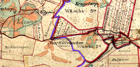 Lantmäteriet Häradskarta 1877 med dåvarande häradsgräns utmärkt med blått