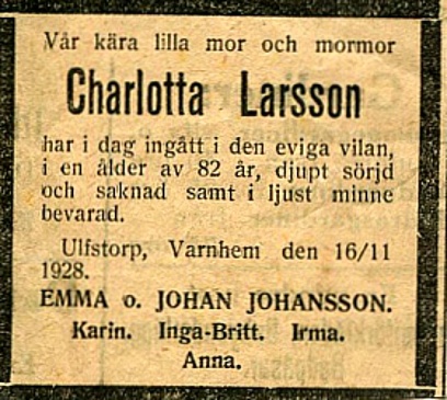 Urklipp från Irma Meyer, 92 år, Skövde - adoptivdotter till Emma Johansson, vid besök i Skövde 2014